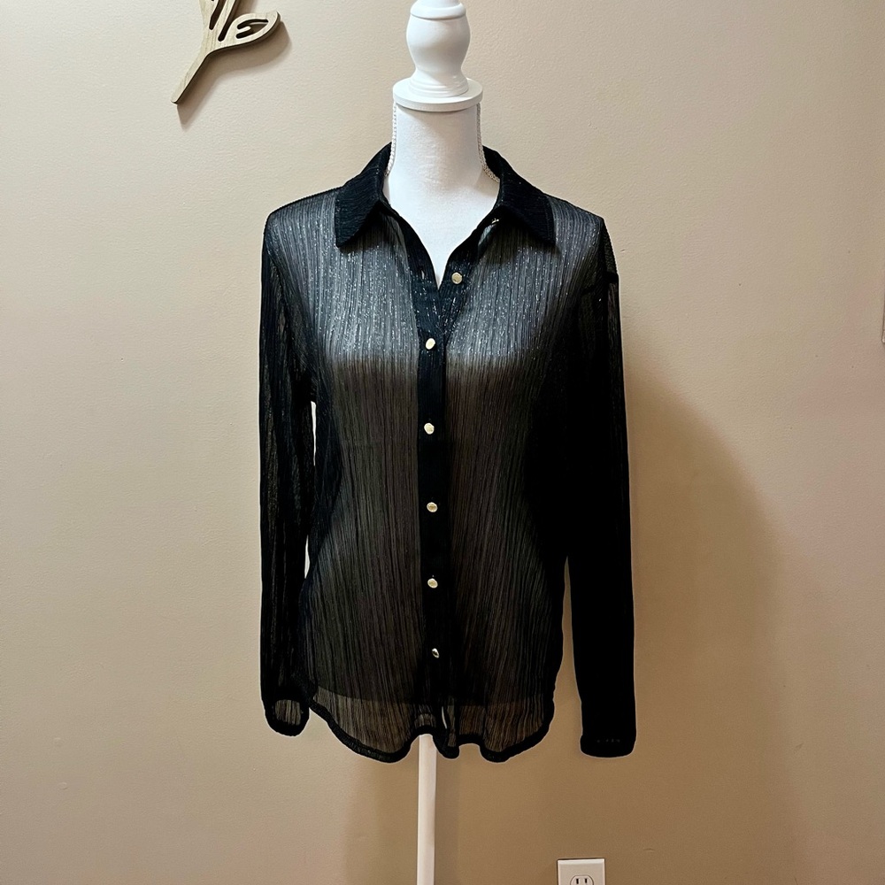 Ann Klein Sheer Black Shimmery Button Up Blouse Size Medium